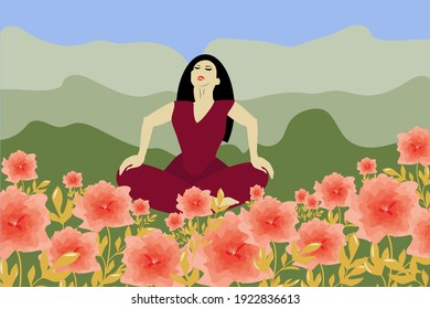 The girl does yoga in nature. Vector illustration