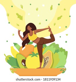 The girl does yoga on a plate with useful products. A fun illustration for the good habits tracker. Eat more healthy foods and do yoga. The concept of a healthy lifestyle.