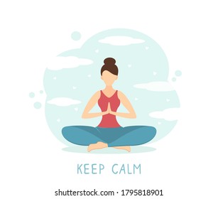 Niña hace yoga en el fondo del cielo. Hermosa mujer sentada en posición de loto. Concepto de estilo de vida saludable. Ilustración al estilo de caricatura plana. Leer Mantener la calma sobre el fondo blanco.