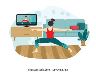 Girl does yoga online at home on TV. Yoga pose for strengthening the body and spirit. Favorite hobby. Exercise during self-isolation in quarantine. Vector illustration