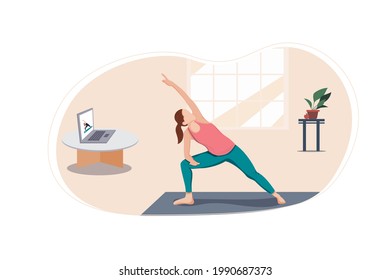 Girl does yoga online at home on TV. Yoga pose for strengthening the body and spirit. Favorite hobby