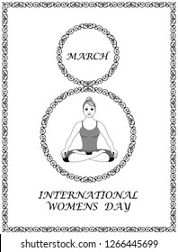 Girl does yoga. Padmasana. Beautiful circular ornament consisting of curls. Flat design.Postcard for international womens day. The 8th of March. Black and white.