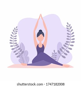 The girl does yoga in a pose with twisted legs and hands up. Vector illustration