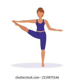 Girl does yoga, stands in the stretching position with her hand, by the toe. Vector illustration of sports and healthy lifestyle. Ancient Indian practice of spiritual development, health and harmony.