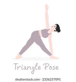 The girl does yoga. Yoga triangle pose. The designation of the yoga pose. Vector flat illustration