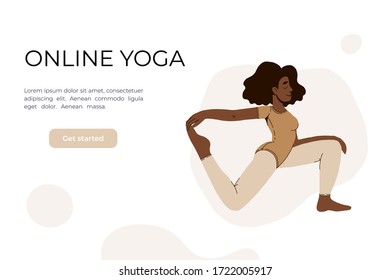 The girl does yoga in the video. Yoga classes online. Vector illustration in a flat style. Woman in asana. Concept for website design of online yoga courses. Neutral colors.