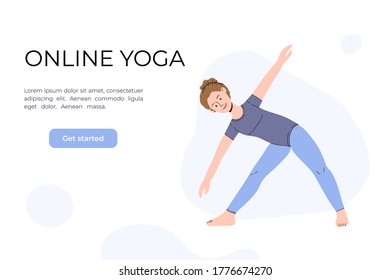 The girl does yoga in the video. Yoga classes online. Vector illustration in a flat style. Woman in asana. Concept for website design of online yoga courses. Neutral colors.