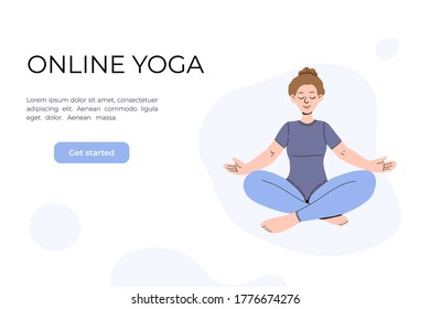 The girl does yoga in the video. Yoga classes online. Vector illustration in a flat style. Woman sitting in a lotus pose. Concept for website design of online yoga courses. Neutral colors.