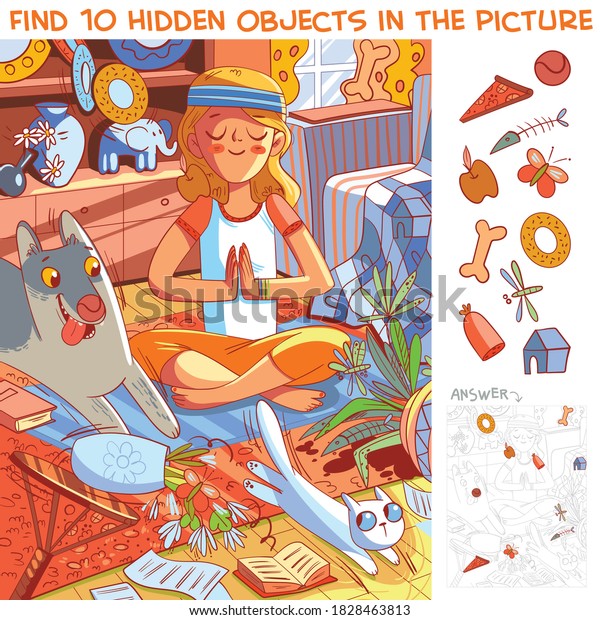 女の子はヨガをし ペットは家を壊す 画像内の10個の隠しオブジェクトを検索します 隠しアイテムをパズル 滑稽な漫画のキャラクター のベクター画像素材 ロイヤリティフリー
