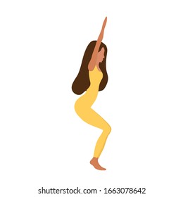 A girl does yoga in a yellow jumpsuit. Pose utkatasana. Vector illustration.