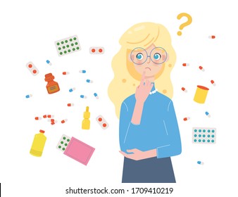 Girl doesn't know what medicines to choose better, what will help. Big choice of medical drugs and vitamin.