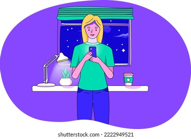 Girl doesn't sleep at night, and works on her smartphone. She stands in a room against the window.