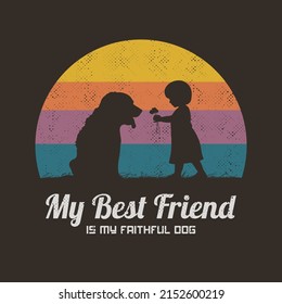 Girl and dog. Baby and pet silhouette. Retro vintage t-shirt design