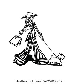 Girl with a dog with bags, shopping outline illustration made by hand