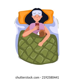 Girl And Dog In The Bed. Woman Can't Sleep, Looks At The Phone. Sleep Apnea, Snoring, Health Sleep Concept. Vector Flat Illustration.