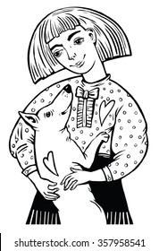 The girl and the dog. Best friends. Black and white picture