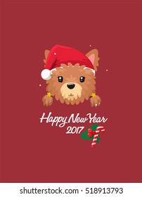 Girl Dog breed Yorkshire Terrier. In puppy wearing a red Christmas hat. Text: Happy New Year!