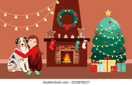 A girl with a dog by the fireplace and a Christmas tree. Cozy home.

