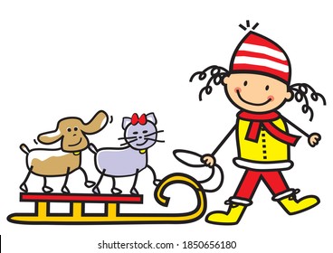 Girl with dog and cat with sledge, humorous vector illustration