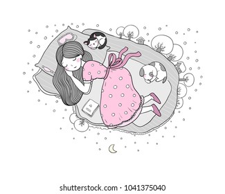 A girl, a dog and a cat are sleeping on the bed. Winter landscape in the snow. Good night. Time to sleep. Sweet dreams. A fairy tale about the snow.
