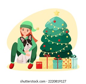 A girl with a dog at the Christmas tree. Cartoon design.
