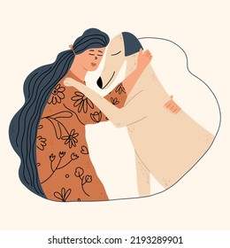 Girl and dog. The concept of emotional support animals. Friendship between a doggy and a human. Vector illustration hand drawn in style