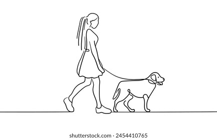 Girl with dog continuous line art drawing isolated on white background. Friend line art drawing. Vector illustration