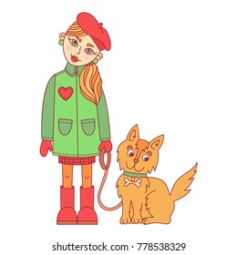 Girl with dog cute child cartoon character vector illustration