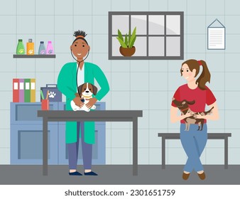 A girl with a dog at a doctor appointment in a veterinary clinic. The doctor examines the puppy. Vector illustration. People and animals. For flyers, covers, advertising, posters, veterinary clinics