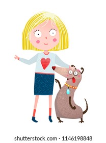 Girl and Dog Friends. Animal and teenager girl friendship havin fun outside. Vector illustration.