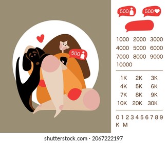 Girl with dog, full body, hold the phone in her hands and enjoys the number of likes, views and followers. Illustration for social media and set of numbers for celebrating followers.