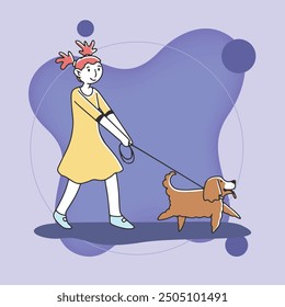 Chica con perro yendo a caminar Ilustración vectorial plana. Joven personaje femenino y mascota caminando juntos en la calle. Mascota, concepto de cuidado animal