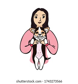 Girl with dog in his hands. Happy domestic animal. Hand drawn illustration isolated on white background. International Homeless Animals Day.