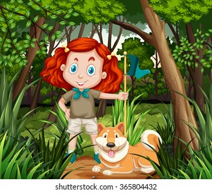 Girl and dog in the jungle illustration