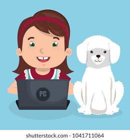 girl with dog and laptop computer character