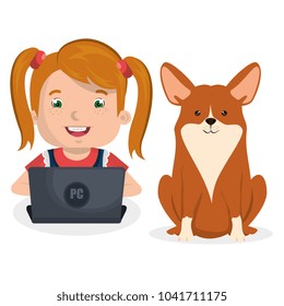 girl with dog and laptop computer character