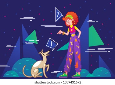 Girl and dog late night meeting. Cartoon styled illustration.