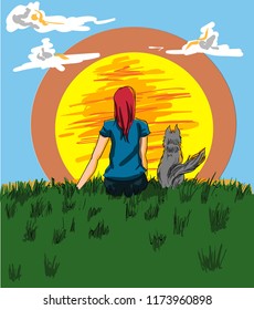 Girl and a dog looking at the sunset Vector. Cartoon characters story board