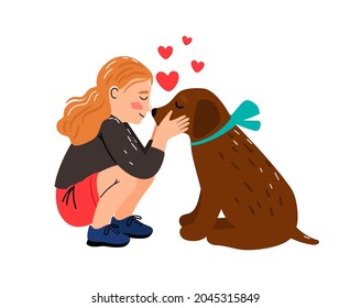 Las chicas aman a los perros. Pequeña amante abrazando la ilustración de un vector de cachorro, animal adorable de acampar infantil, imagen de animales amantes de los niños, cachorro de bebé aislado en fondo blanco