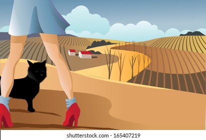 Girl and dog near the farm. EPS 10 vector, grouped for easy editing. No open shapes or paths.