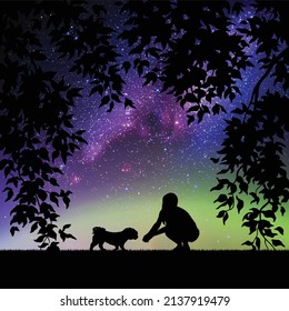 Girl with dog at night. Woman and pet outline. Milky Way at starry sky