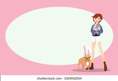 Girl and dog on Easter day with copyspace