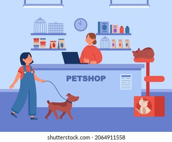 Girl with dog on leash coming up to female seller at petshop. Pet store interior with different food and accessories on shelves, cute cats flat vector illustration. Domestic animals, care concept