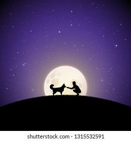 Girl with dog on moonlit night. Vector illustration with silhouettes of woman and pet on hill in park. Northern lights in starry sky. Full moon in starry sky