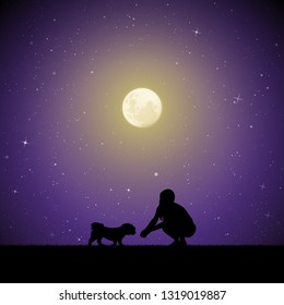 Girl with dog on moonlit night. Vector illustration with silhouettes of woman and pet in park. Full moon in starry sky
