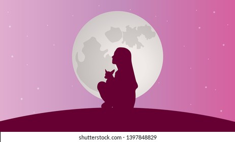 Girl with dog on the pink starry sky background vector design