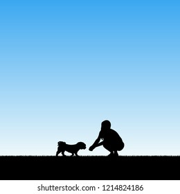 Girl with dog in park. Vector illustration with silhouettes of woman and pet. Blue pastel background