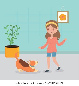 girl and dog playing in the house pet care vector illustration