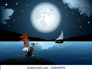 Girl with a dog, rear view, by the sea on the background of huge full moon and starry sky. The man in the boat with the sail.  Beautiful seascape vector Illustration