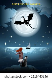 Girl with a dog, rear view, by the sea. Flying dragon on the background of huge full moon and starry sky. The man in the boat with the sail. Fantasy fairytale poster vector Illustration